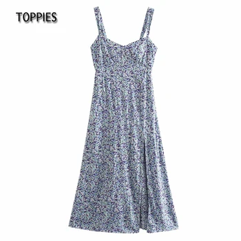 Toppies Summer Maxi Dress Moteris Gėlių Spausdinti Camis Suknelė Priekyje Padalinta Paplūdimio Sundress Moteris Atostogų Drabužiai