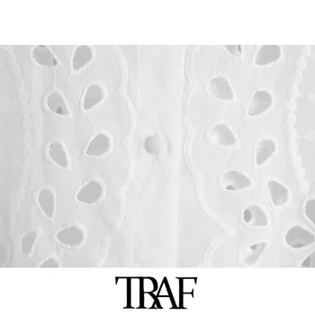 TRAF Moterų Mados Tuščiaviduriai Iš Siuvinėjimo Apkarpytos Palaidinės Derliaus ilgomis Rankovėmis Mygtuką-iki Moterų Marškiniai Blusas Prašmatnus Viršūnės