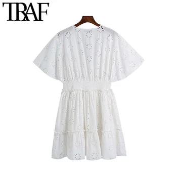 TRAF Moterų Mados Tuščiaviduriai Iš Siuvinėjimo Susiėmę Mini Suknelė Vintage trumpomis Rankovėmis Elastinga Juosmens Moterų Suknelės Mujer