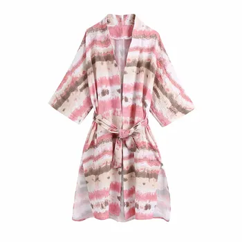 TRAF Viršuje Za 2021 Kimono Moterys Vasarą Kaklaraištis Dažų Ilgai Moteris Paplūdimio Kimono Derliaus Japonijos Surišti Diržais Streetwear Atsitiktinis Palaidinė