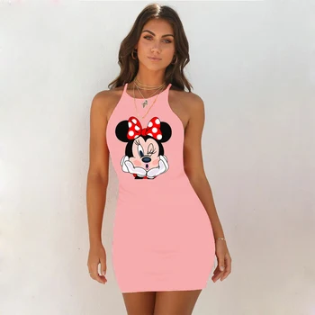Trumpas Bodycon Bakas Suknelės Atsitiktinis Derliaus Mickey Spausdinimo Vest Mini Suknelės Beach Party Seksuali Suknelė Klubas Vestidos Skraiste Femme