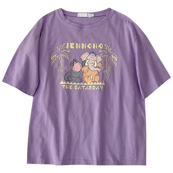 Vasaros Mados Laišką, Print T-shirt Moterims, Atsitiktinis Trumpas Rankovės Violetinė Gyvūnų Modelio Tiesios Medvilnės Megztinis Plius Dydis Viršų