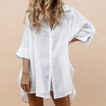 Vasaros Medvilnės Skalbiniai ilgomis Rankovėmis Moterų Marškiniai Prarasti Vieną Krūtinėmis Kišenės Balti Marškinėliai Moterims 2021 Atsitiktinis Mados Lady Viršų