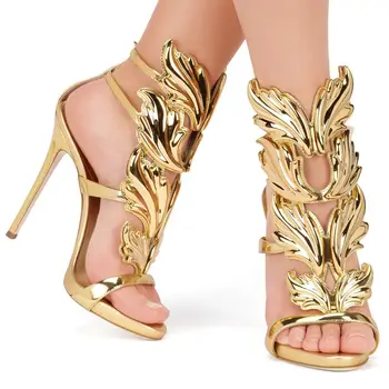 Vasaros sandalai Romos Gatvės paglostyti sparnus liepsna aukšti kulniukai Lapų formos vestuves batai aukštos kokybės moterų 10cm, plonas kulnas siurblys batų