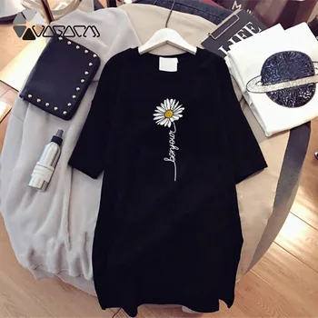Vasaros Suknelė Harajuku Gėlių Spausdinti Laiškas Laisvi, Juoda T-Shirt Suknelės Korėjos Trumpas Rankovės Streetwear Moterų Sundresses