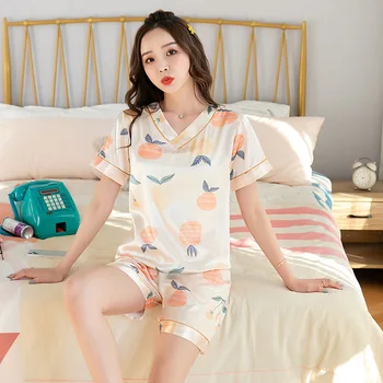 Vasaros Šilko Ledo Pižama Moterų Mielas Japonijos Trumpas rankovėmis Megztinis V-kaklo Šilko Naujas Plonas Skirsnio Pijamas Moterų Sleepwear