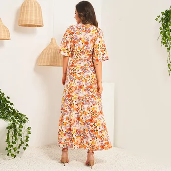 Vasarą Naujos Mados Moterų Suknelė su Plonu Juosmens ir Retro Gėlių V-kaklo, Trumpas rankovėmis Saldus-line Suknelė