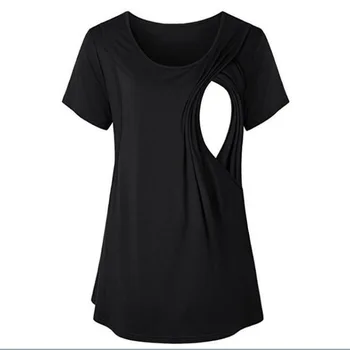Vasarą naujos maitinimo krūtimi drabužius T-shirt apvalus kaklas vientisa spalva pusėje atidaryti grynos medvilnės atsitiktinis trumparankoviai motinystės T-shirt