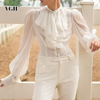 VGH Baltos spalvos Elegantiškas Marškinėliai Moterims Stovėti Apykaklės, Žibintų ilgomis Rankovėmis Atsitiktinis, Kietas Palaidinė Moterų Mados Naują Drabužių 2021 M. Pavasarį
