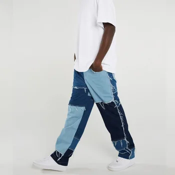 Vyrai Džinsai Kontrasto Spalvų Atsitiktinis Susiuvimo Džinsinio Audinio Kelnės Baggy Jeans Streetwear Vyrai Džinsinio Audinio Džinsus Hip-Hop Elegantiškos Kelnės Vyrams Jean