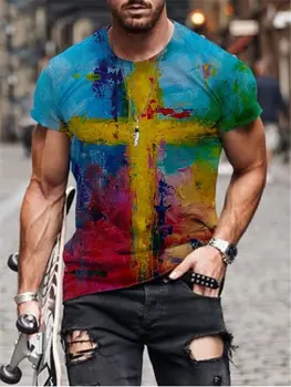 Vyrų Vasara Naujas Mados Harajuku Spalvinga Kryžiaus Spausdinami O Pritvirtinti T-shirts 2021 Vyrų Negabaritinių Derliaus trumpomis Rankovėmis T Shirts