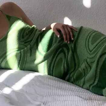 YICIYA 2021 Spausdinti Mezgimo Bodycon Suknelė Moterims Žalia Y2K Vasaros Tuščiaviduriai Iš Sexy Rankovių Spageti Dirželis Beach 