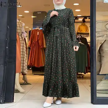ZANZEA Derliaus Moterų Dubajus Turkija Abaja Suknelė, Hijab Islamo Drabužius ilgomis Rankovėmis Raukiniai Sundress Skraiste Gėlių Spausdinti Maxi Suknelė