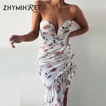 ZH079 Stebėjimo Akių Gėlių Spausdinti Midi Suknelė Moterims Balta Nereguliarus Off Peties Vasaros Suknelė Matyti Per Holiday Beach Vestidos