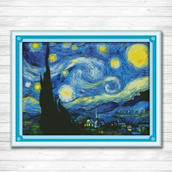 Į Žvaigždėtą Naktį Van Gogh 11CT spausdinimo ant drobės DMC 14CT Kryželiu rinkinys visą siuvinėjimo Rinkinys rankdarbiams abstrakčiai Vaizdingas Dekoras