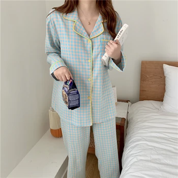žiemos pledas sleepwear namų kostiumas moterų pižama nustatyti ilgomis rankovėmis atvartas apykaklės marškinėliai ziajać pižamos 2 dalių komplektas namų drabužių Y247